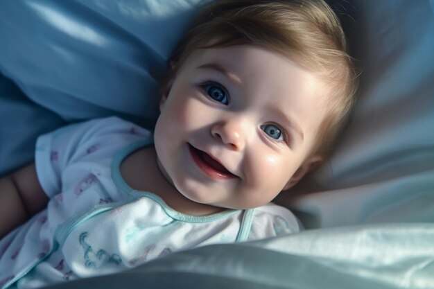 a baby girl laying down in bed in happy mood