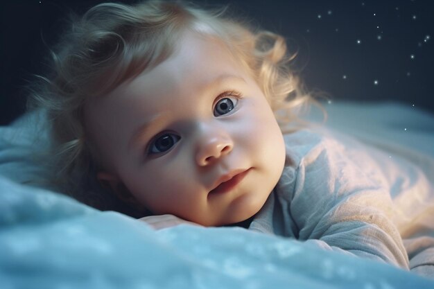 a baby girl laying down in bed in happy mood