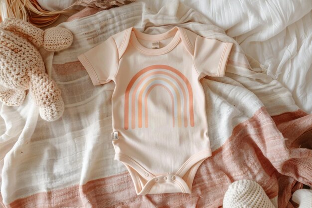 Photo baby girl onesie mockup with boho rainbow decor and toys