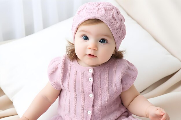 A baby girl in a pink hat and a pink hat