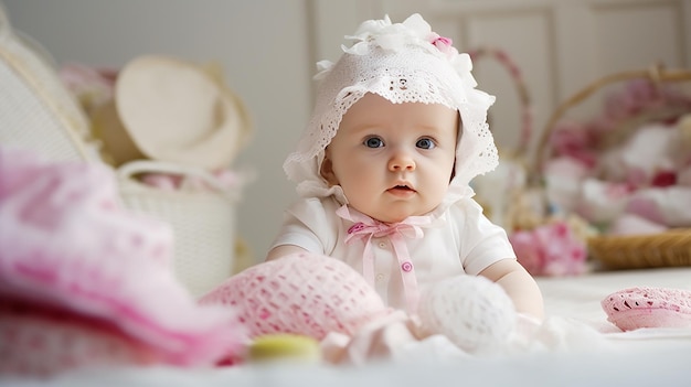 Baby girl in a pink hat