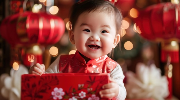 赤ちゃん が 赤い 贈り物 の 箱 を 受け取っ て 初めて の 中国 新年 を 祝う