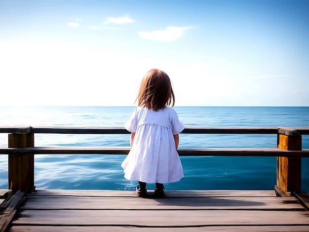 The baby girl sits alone on a wooden bridge over the sea in the afternoon