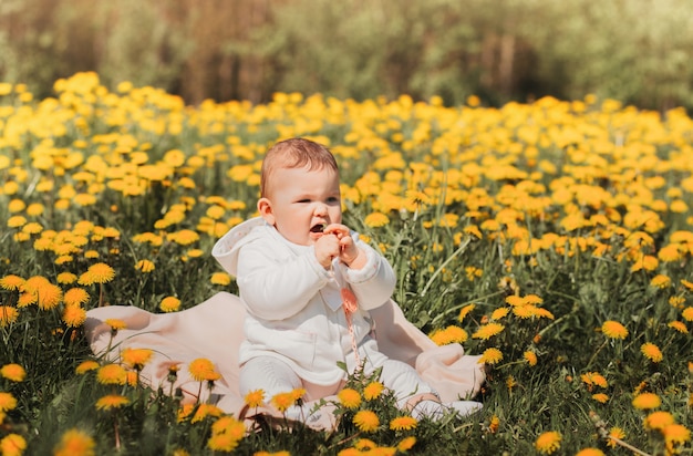 Baby girl sits on a field of dandelions on a sunny day