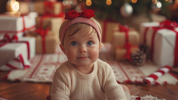 Baby Girl Sitting in Front of Presents