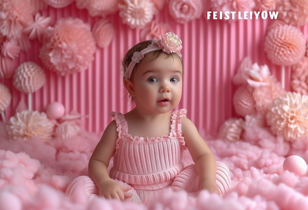 분홍색 공 구이에 앉아 있는 아기 소녀