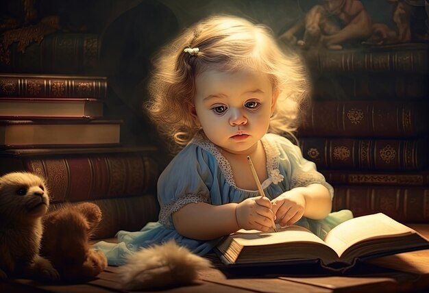 a baby girl sitting with a book in her hands