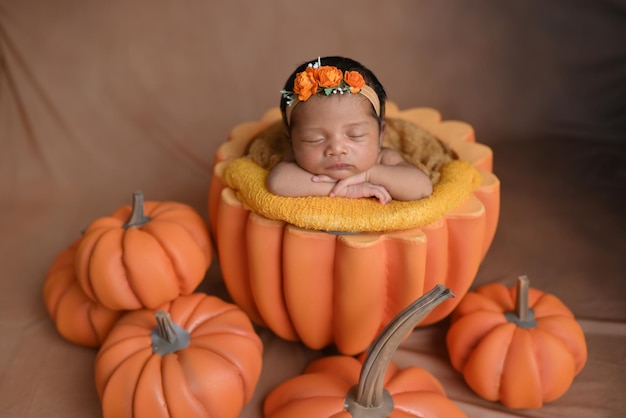 Photo baby girl sleeping in a pumpkin