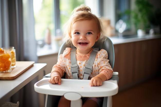 安全で協力的な環境で一人で食べるために夕食を待つ女の赤ちゃん