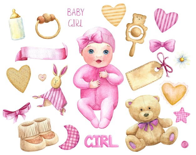 Baby girl watercolor set stuff toys title label pink cute character watercolor bundle nursery set