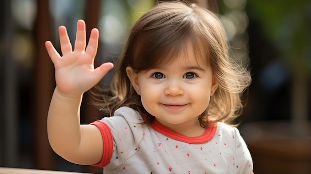 Photo a baby girl waving with her hand up in the air