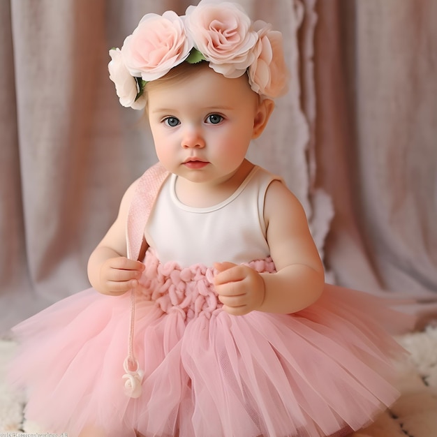 Photo a baby girl wearing a pink dress with a flower headband and a white shirt.