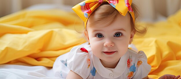 Baby girl wearing a summer dress with a large yellow bow on her head lying on a bed background available for text