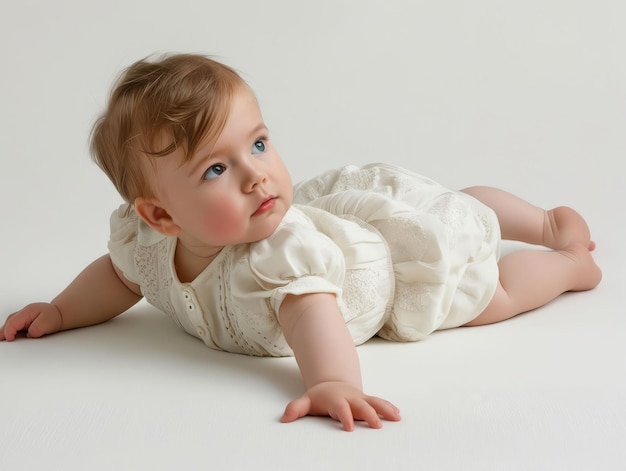 A baby girl in a white dress laying on the floor