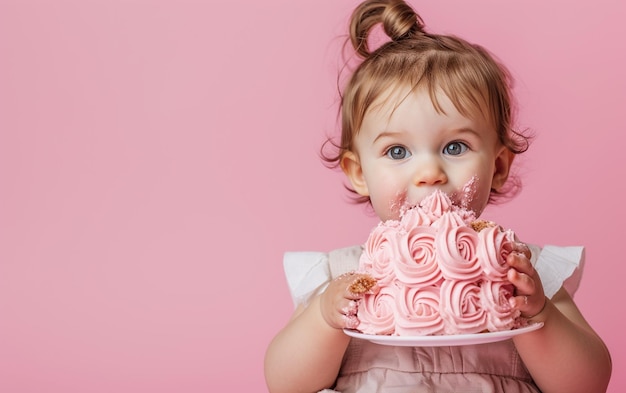 Фото Девочка с тортом на день рождения, показывающий десерт на цветном фоне с пространством для текста