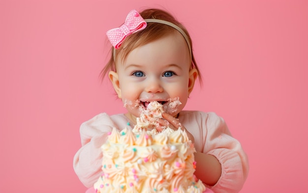 Baby girl with Birthday cake showing dessert on solid color background with copyspace for text