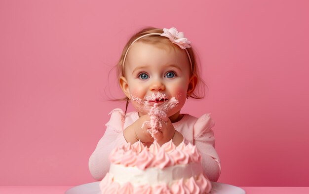 Foto bambina con torta di compleanno che mostra il dessert su uno sfondo a colore solido con copyspace per il testo