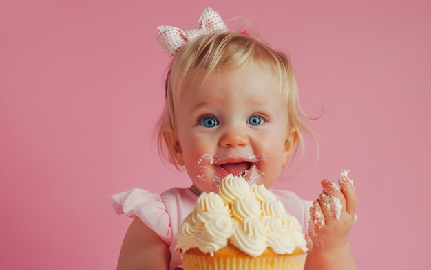 Photo baby girl with birthday cake showing dessert on solid color background with copyspace for text