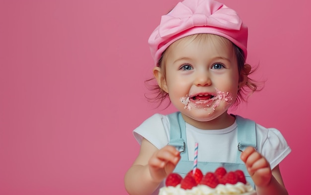 Foto bambina con torta di compleanno che mostra il dessert su uno sfondo a colore solido con copyspace per il testo