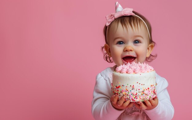 Photo baby girl with birthday cake showing dessert on solid color background with copyspace for text