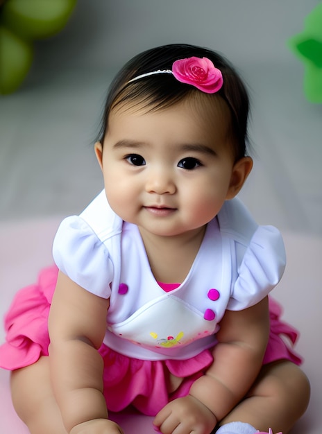 A baby girl with a pink flower on her head