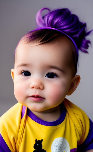 A baby girl with purple hair and purple headband