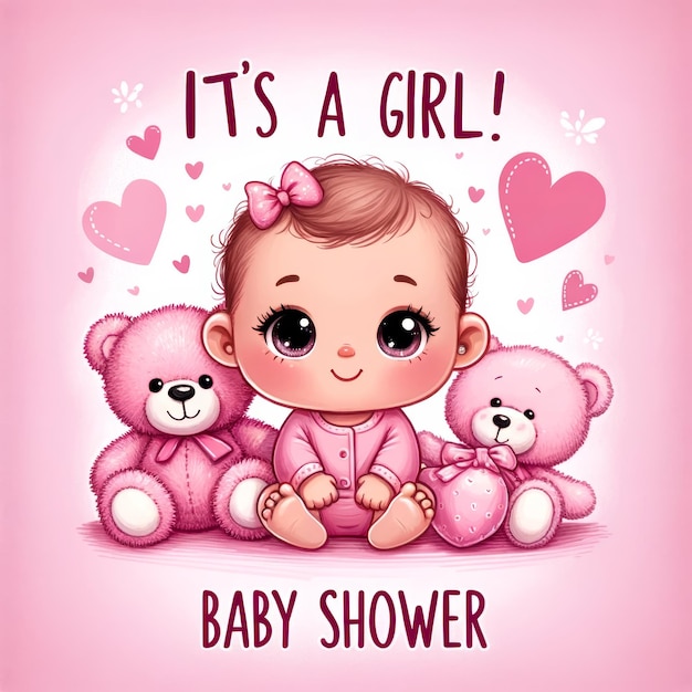 Photo baby girl with teddy bears baby shower illustration