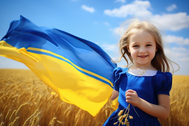 Baby girl with the Ukrainian flag in wheat field