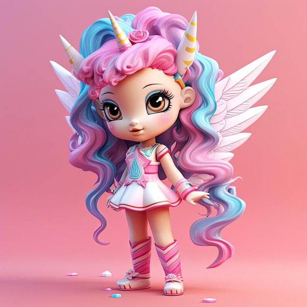 a baby girl with unicorn wings and hair is standing on the pink background