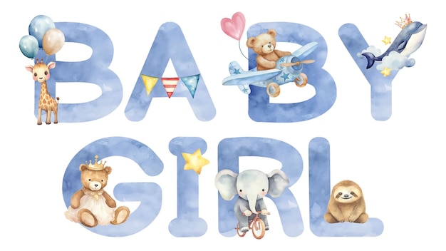 Baby girl word sticker png element editable blue watercolor design
