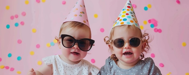 파티 모자 와 선글라스 를 입은 아기 소녀 들 이 핑크색 배경 에 콘페티 를 쓰고 있다
