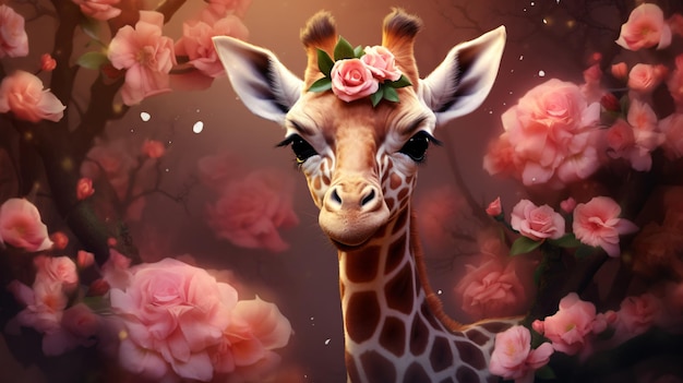 Baby girraffe with flowers