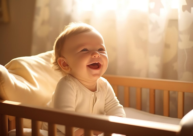 Foto baby glimlacht in een wieg