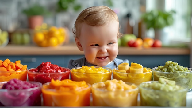 Baby glimlacht terwijl hij naar schalen met verschillende vruchten kijkt