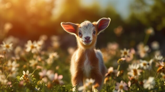 Photo a baby goat in a field of flowers