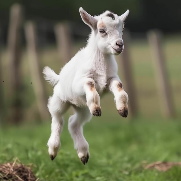 A baby goat is jumping in the air and has a black spot on its face.