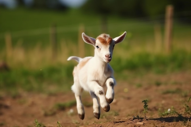 a baby goat running in a field with a fence