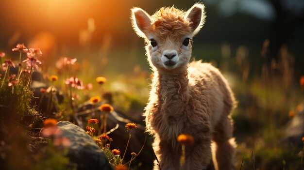 A baby goat stands in a field of flowers