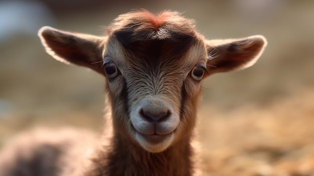 A baby goat with a haircut on its head