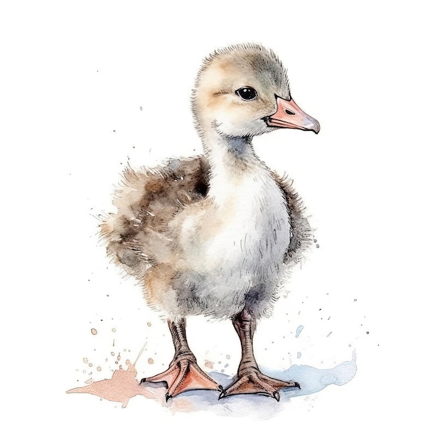 Baby Goose watercolor with ink outline on white background high detailed generative AI