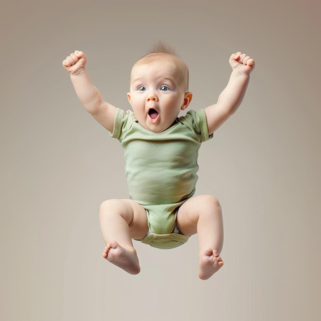 Baby in Green Bodysuit Jumping in the Air