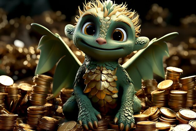 Baby green dragon on a pile of gold coins background