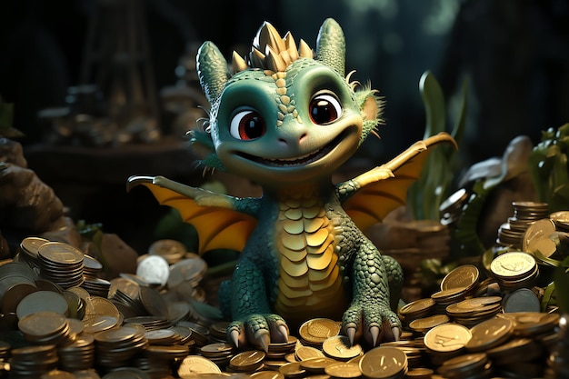 Baby green dragon on a pile of gold coins on black background