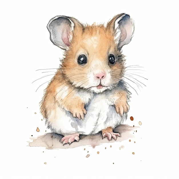 Baby Hamster watercolor with ink outline on white background high detailed generative AI