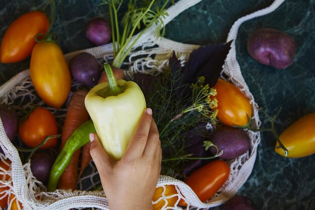 Photo baby hand taking pepper from eco string bag crop vegetables - tomatoes potatoes carrots basil