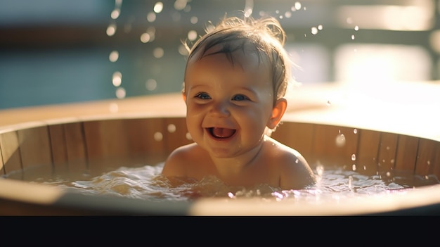 a baby happy bath time a child laughing in bat tub generative AI