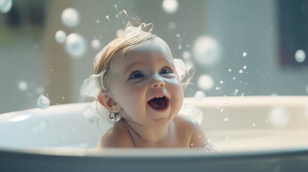 a baby happy bath time a child laughing in bat tub generative AI