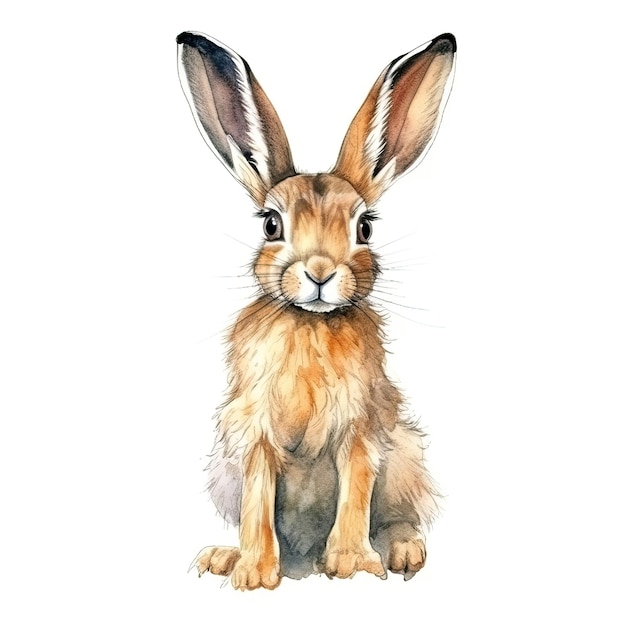 Baby Hare watercolor with ink outline on white background high detailed generative AI