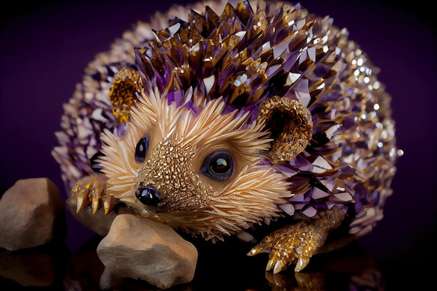 Baby hedgehog made of kintsugi Purple amethyst geode