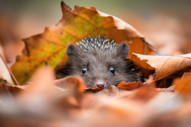 Baby hedgehog peeking out of pile of leaves curious and inquisitive created with generative ai